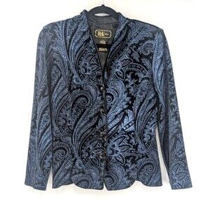 R&K Evening Paisley Black Blue Glitter Sparkle Vintage Blazer Jacket Small Med